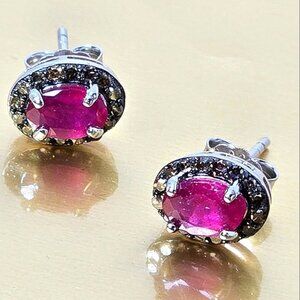 925 Sterling Silver Stud Earrings with Natural Ruby & Natural Diamonds